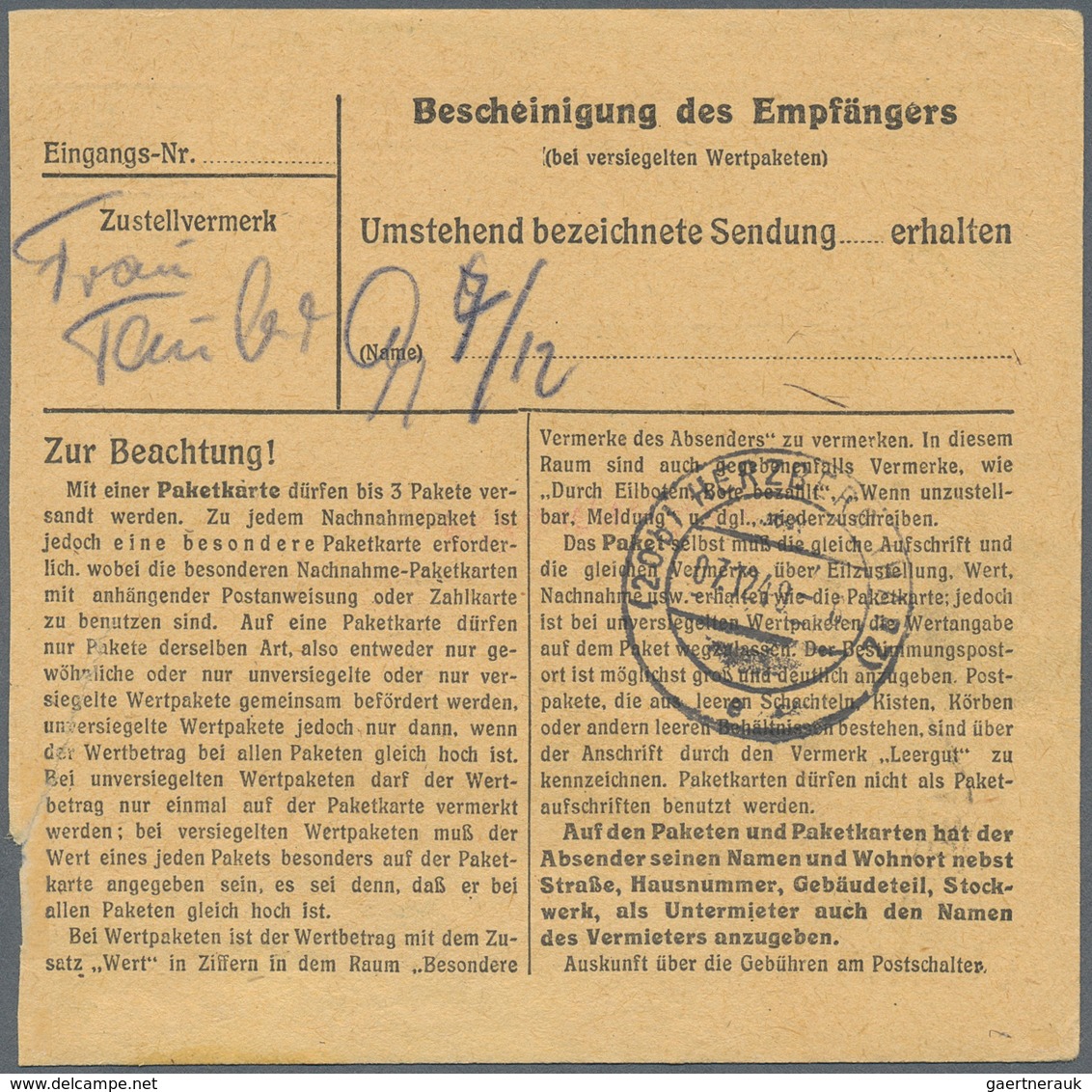 Berlin: 1 DM Grünaufdruck U. 20 Pf. Bauten Zusammen Auf Paketkarte Ab Berlin-Lichtenrade Vom 1.12.49 - Covers & Documents