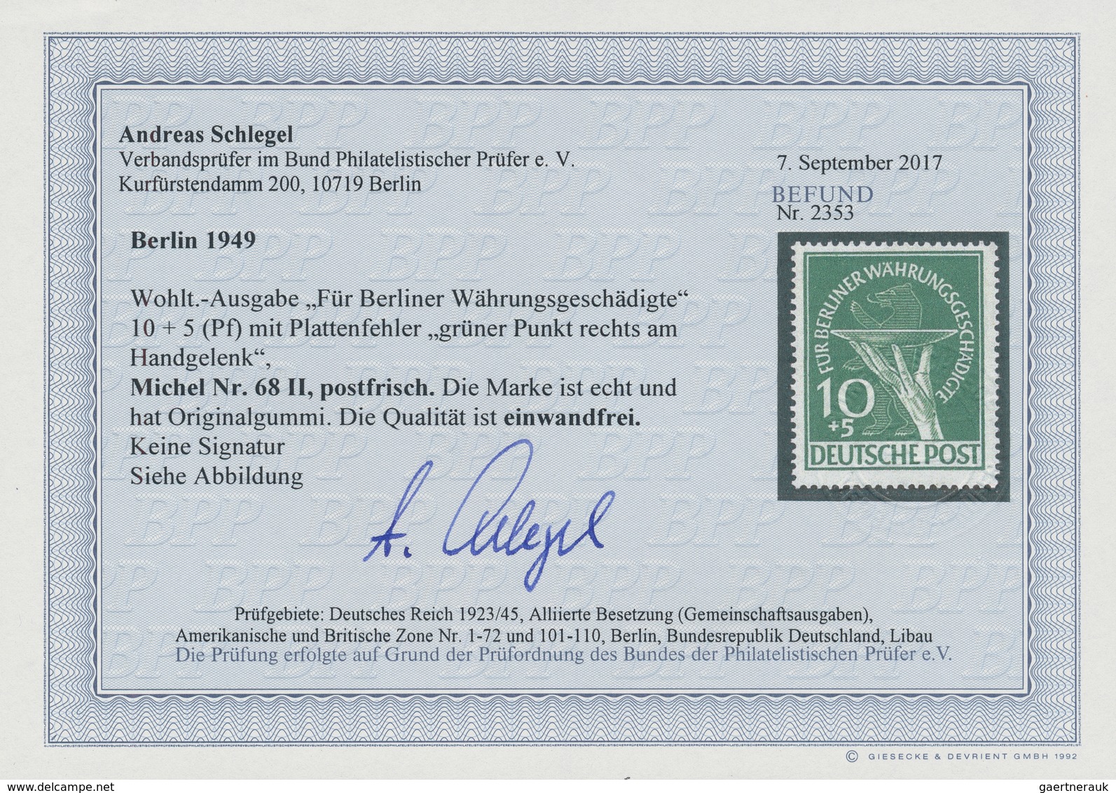 Berlin: 1949, 10 Pf Währungsgeschädigte Mit PLATTENFEHLER "grüner Punkt Rechts Am Handgelenk", Einwa - Briefe U. Dokumente