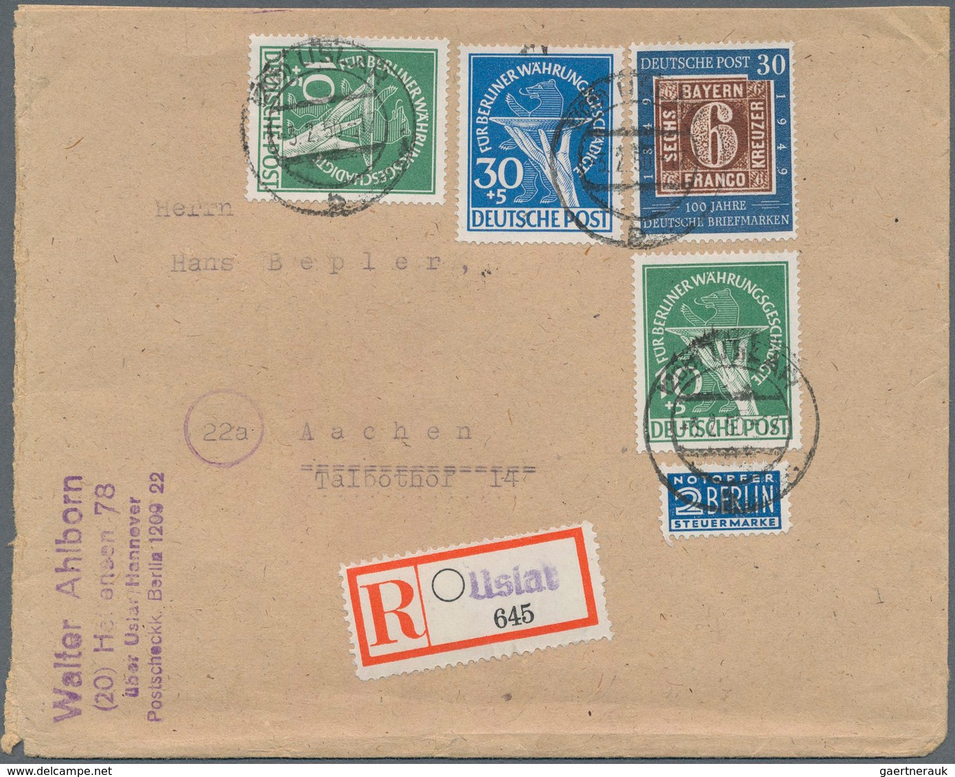 Berlin: 1949, Währungsgeschädigte Zweimal 10 Pf Und 30 Pf. Sowie Bund 30 Pf 100 Jahre Briefmarken Au - Covers & Documents