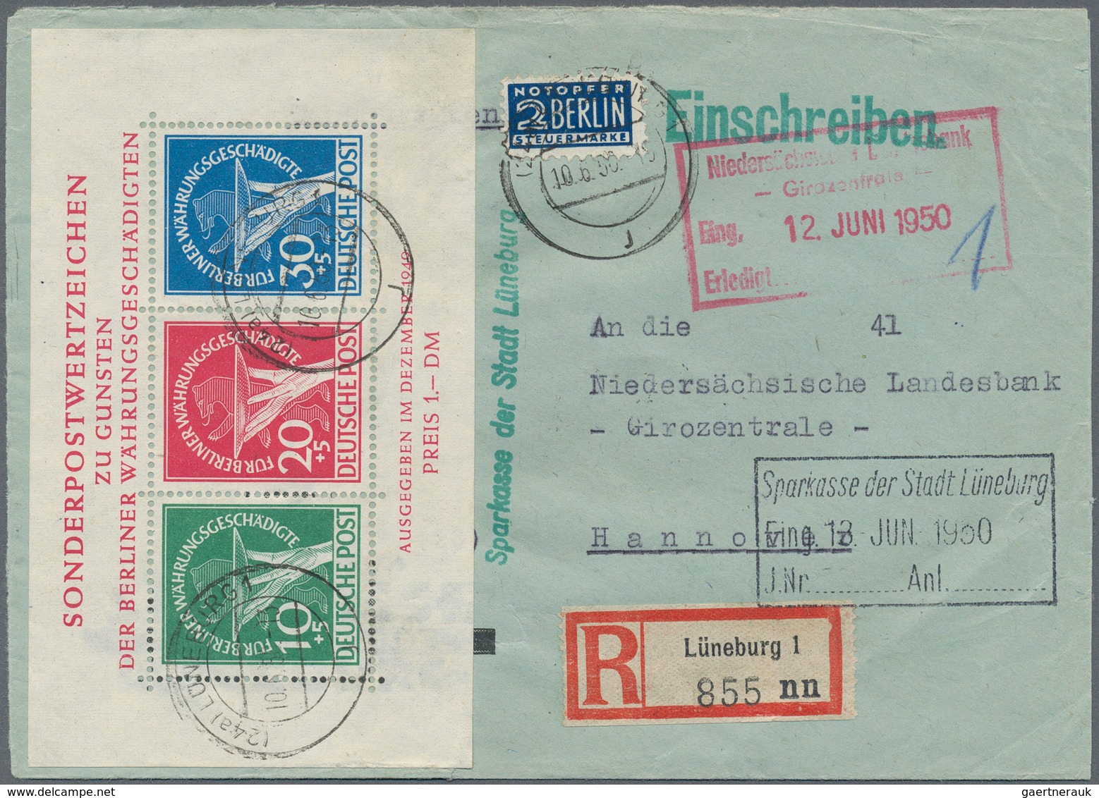 Berlin: 1949, Währungsgeschädigten Blockausgabe Auf R-Geschäftsbrief Von Lüneburg Nach Hannover, Bef - Briefe U. Dokumente