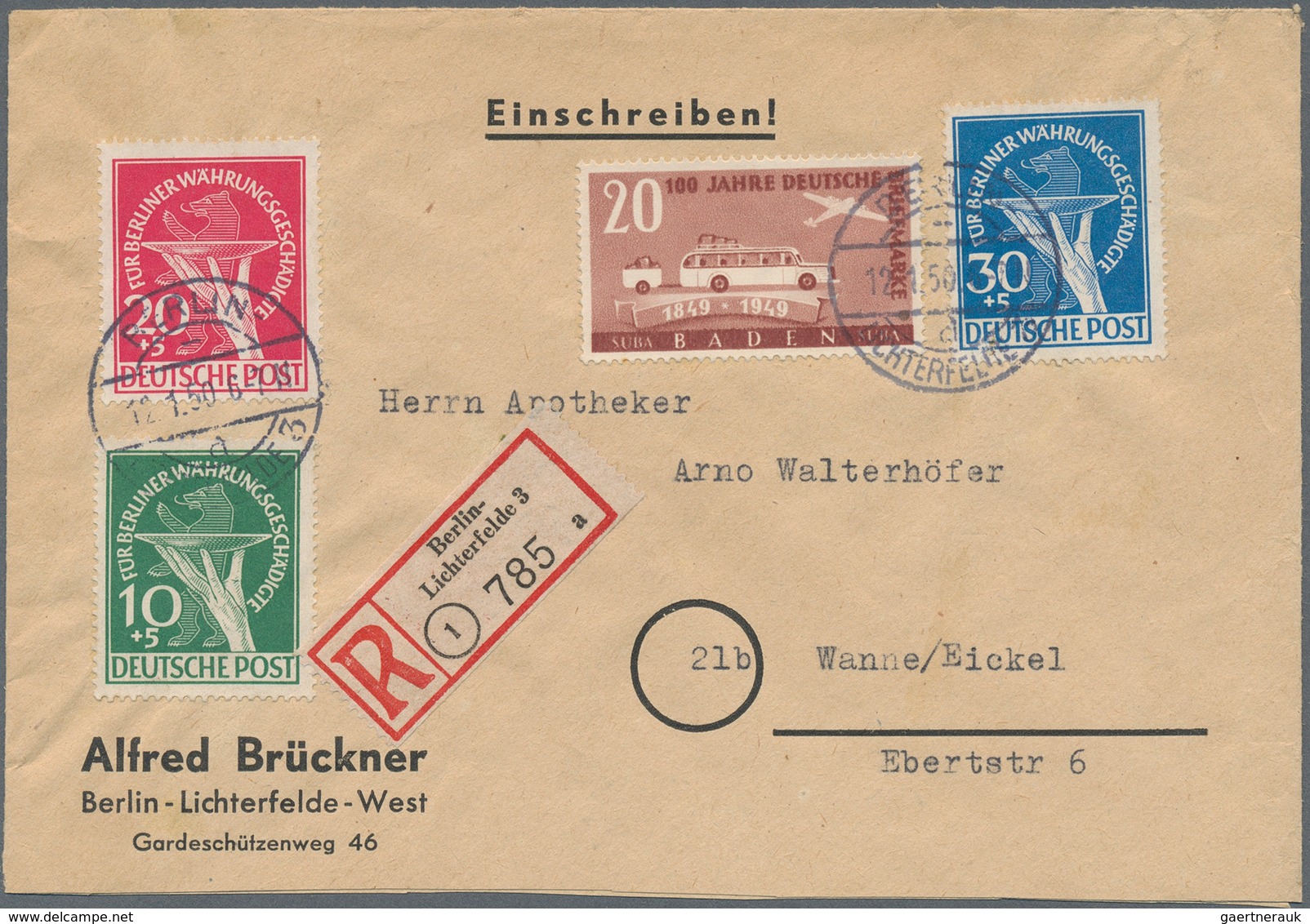 Berlin: Währungsgeschädigte Kpl. Satz Mit Fr. Zone Baden 20 Pf. 100 Jahre Dt. Briefmarken Zusammen A - Briefe U. Dokumente