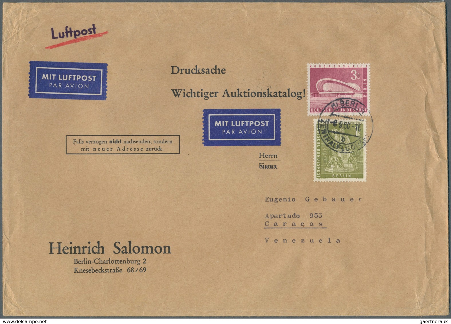 Berlin: 1960: Umschlag Firma Salomon Ca. 23 X 16 Cm Als Luftpostdrucksache Mit 1.- DM Und 3.- DM Bau - Briefe U. Dokumente