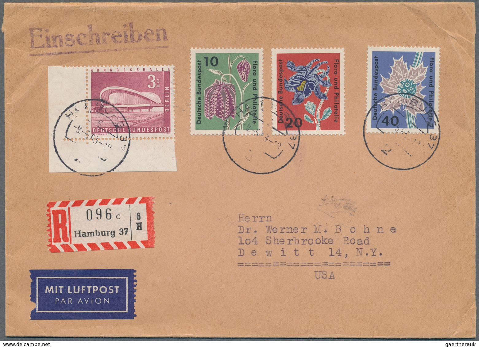 Berlin: 1963, 3 DM Bauten Eckrandstück In MiF Mit Bundesrepublik Auf R-Luftpostbrief Von Hamburg Nac - Covers & Documents