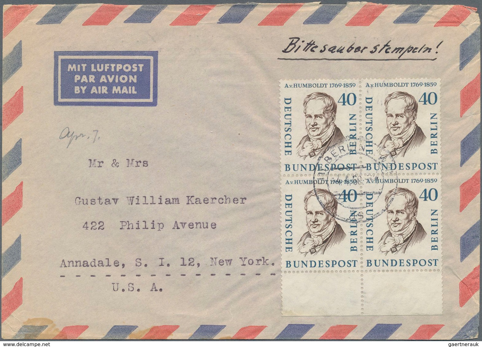 Berlin: 1960, Viererblock 40 Pfg. Humboldt Vom Unterrand Auf Luftpostbrief Ab BERLIN Nach USA: - Covers & Documents