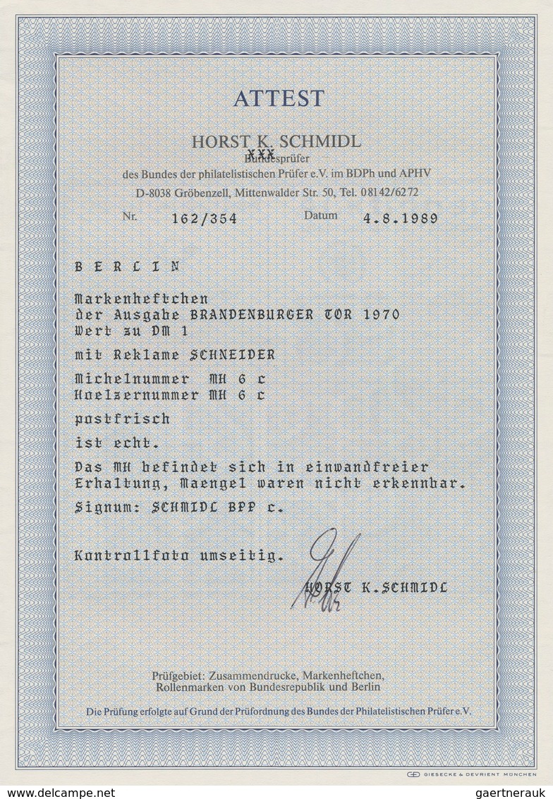 Berlin - Markenheftchen: 1970, Markenheftchen "Brandenburger Tor" Mit Reklame "Schneider" Tadellos P - Carnets