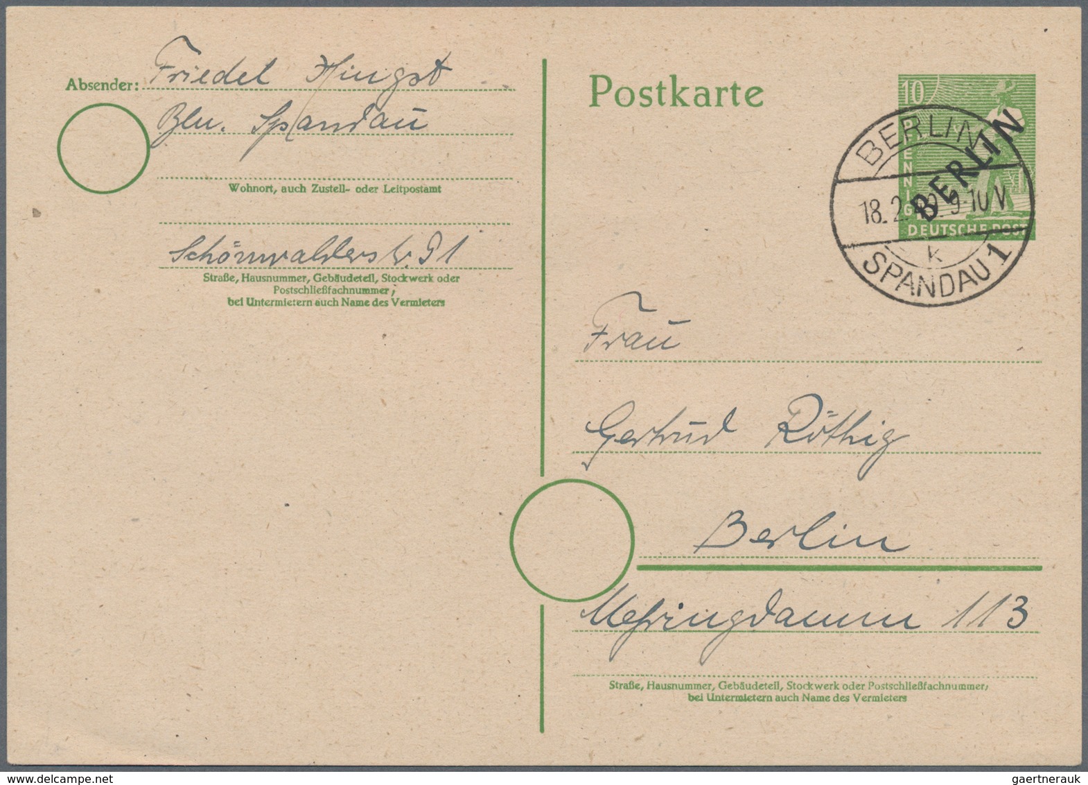 Berlin - Ganzsachen: 1949, 10 Pfg. Schwarzaufdruck Auf Selt. Grauen Urkarton Am 18.2.49 Als Ortskart - Other & Unclassified