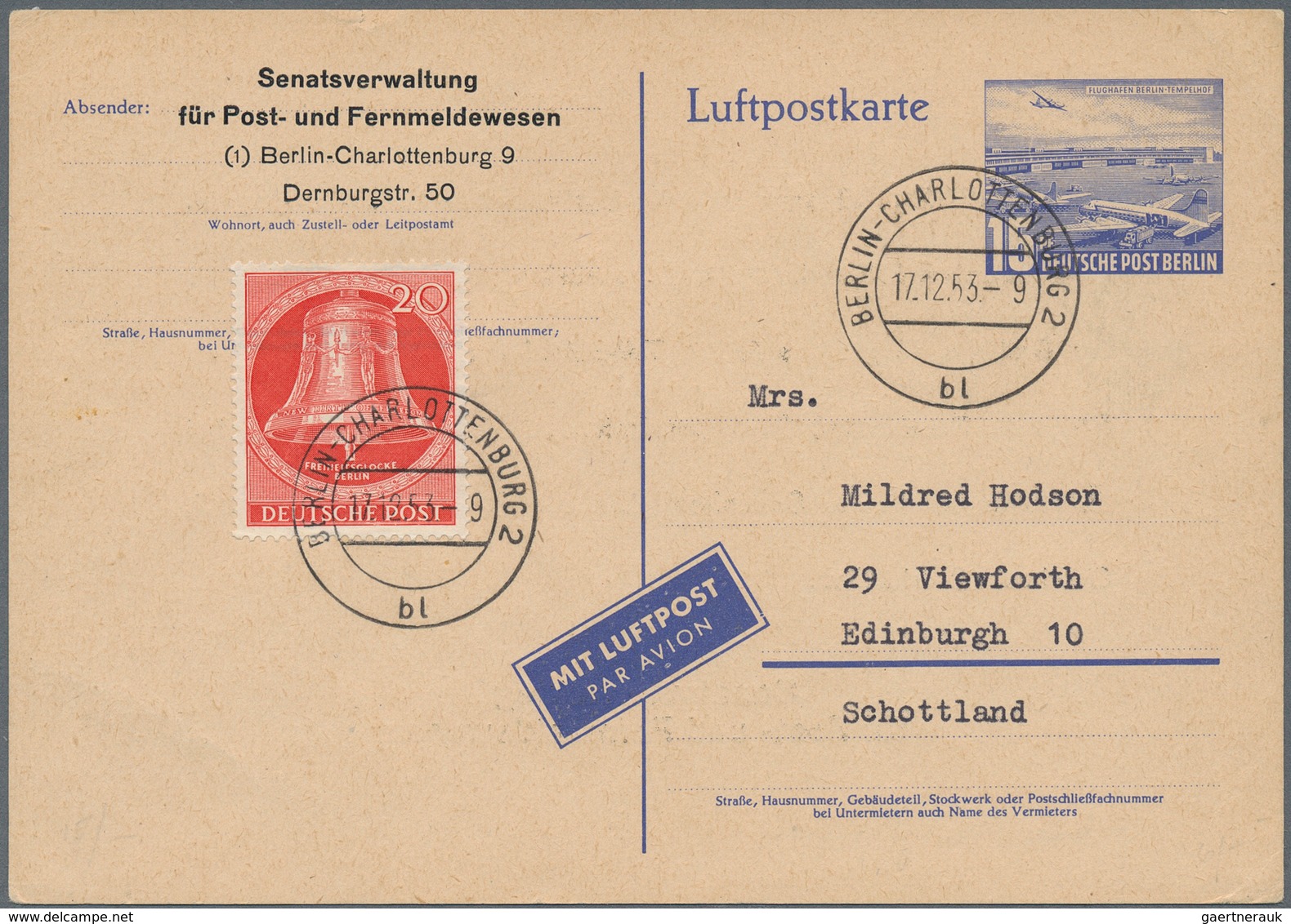 Berlin - Ganzsachen: 15 Pf. Lp-Karte 1953 Mit Ankündigungstext Mit 20 Pf. Glocke Mitte Als Lp-Auslan - Sonstige & Ohne Zuordnung