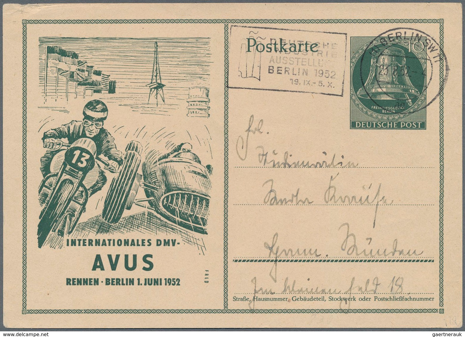Berlin - Ganzsachen: 1952. Sonder-Postkarte 10 Pf Glocke "AVUS Rennen". Bedarfsgebraucht Mit Masch.- - Autres & Non Classés