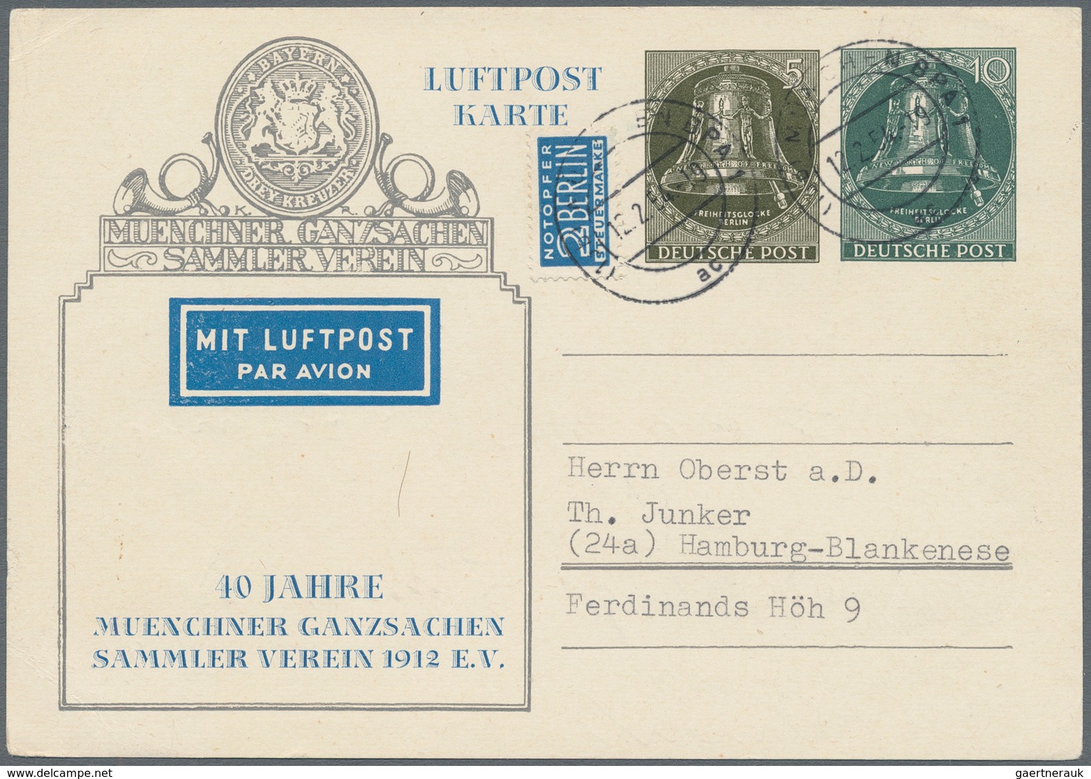 Berlin - Ganzsachen: 1954. Privat-LP-Postkarte 5 Pf Und 10 Pf Glocke (rechts) "10 Jahre Münchener Ga - Other & Unclassified