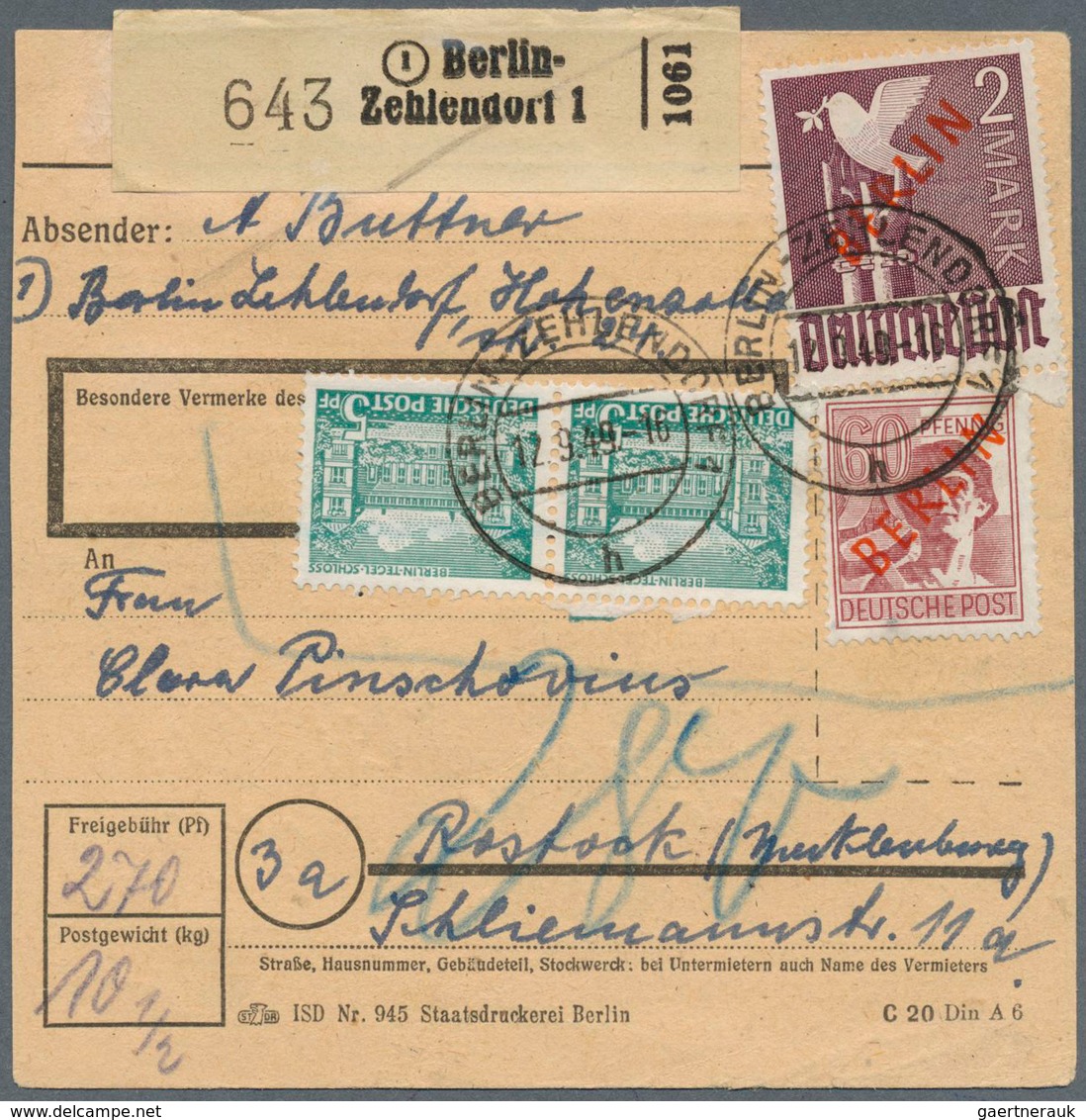 Berlin - Postkrieg: 1949: 2 DM Und 60 Pfg Rotaufdruck Mit 5 Pfg Bauten (Paar) Zusammen Auf Paketkart - Other & Unclassified