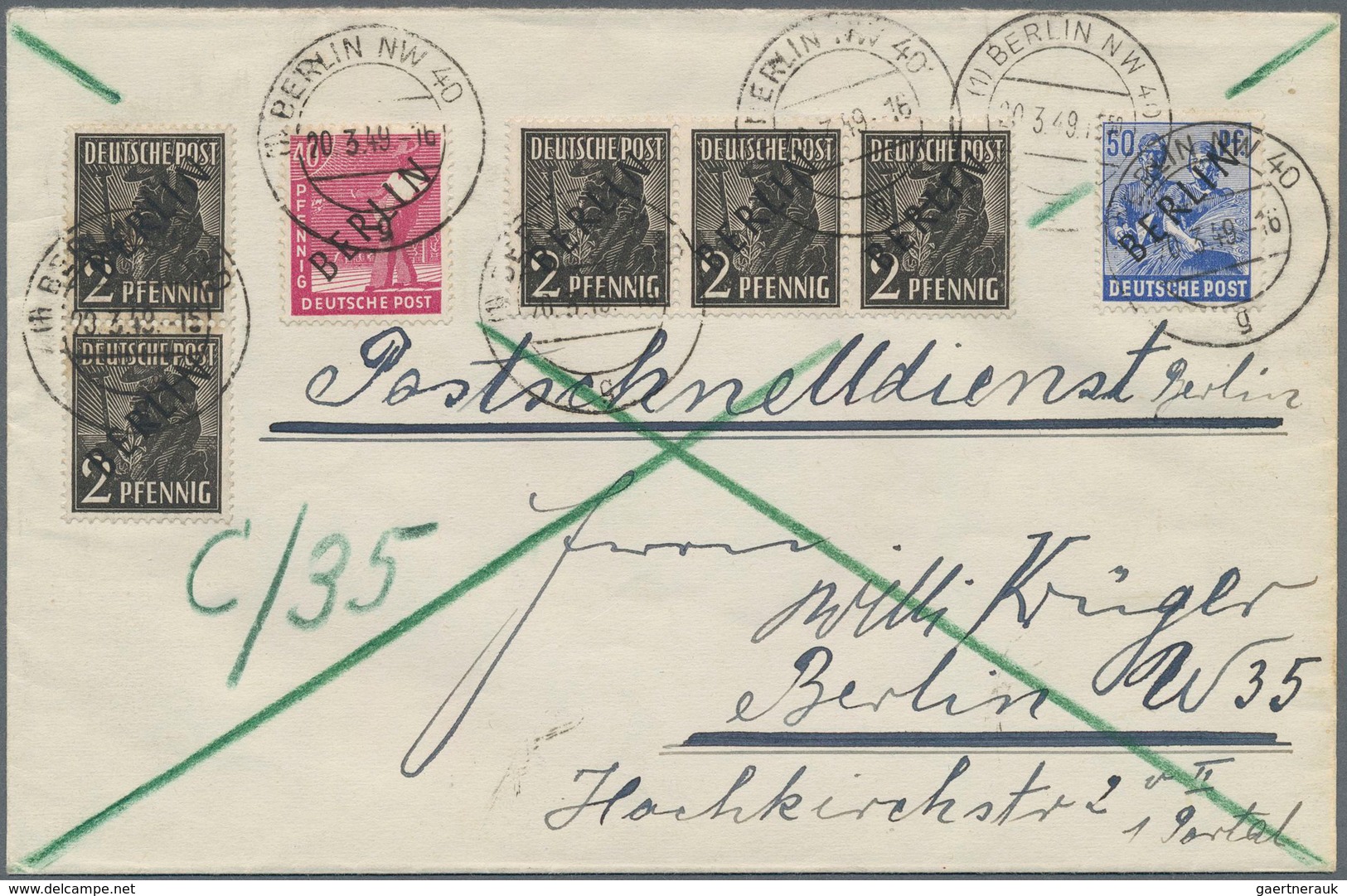 Berlin - Postschnelldienst: 2(5), 40 U. 50 Pf. Schwarzaufdruck Zusammen Auf Postschnelldienstbf. Von - Lettres & Documents