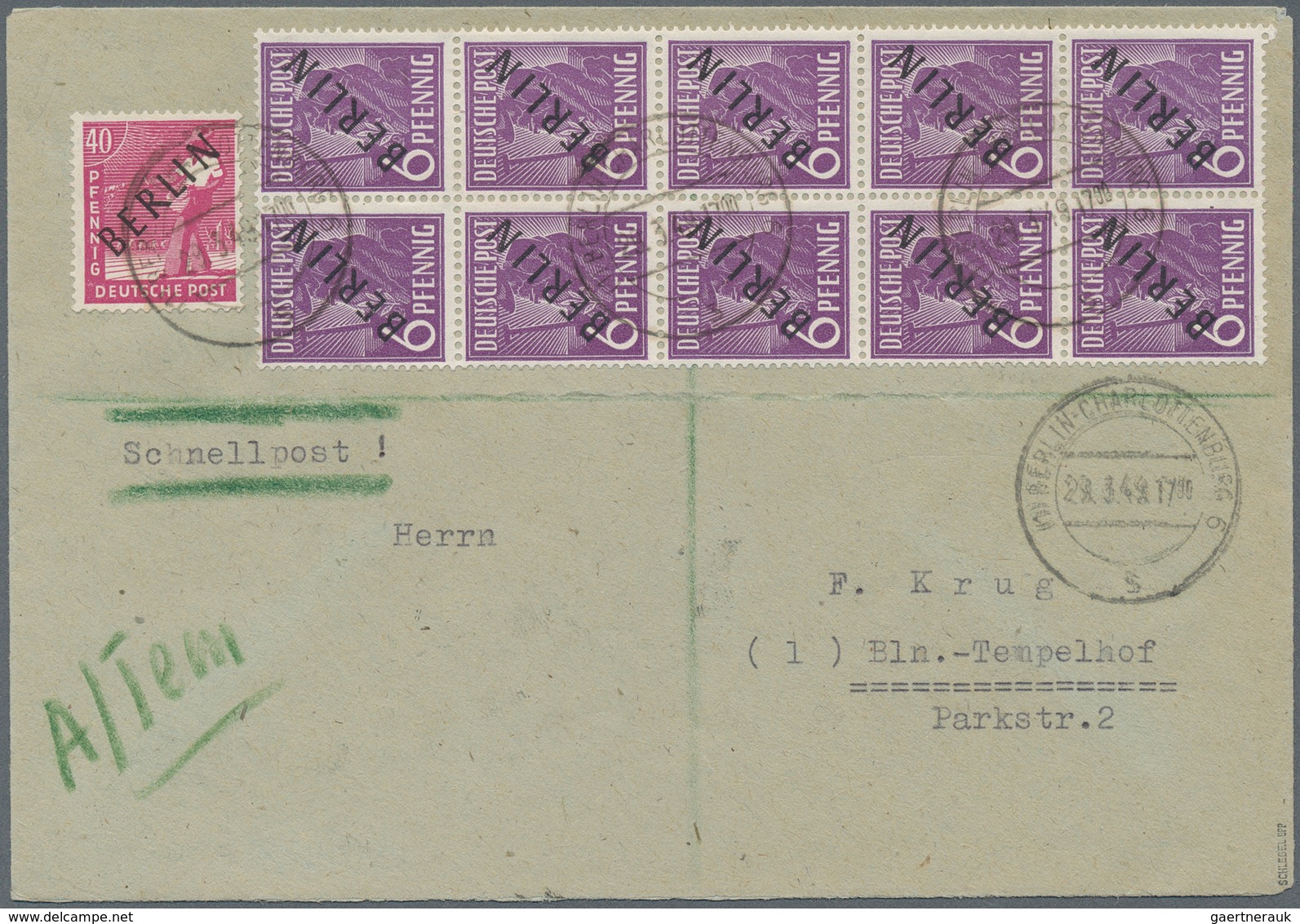 Berlin - Postschnelldienst: 6 Pf. Schwarzaufdruck Im Senkr. 10er Block Mit 40 Pf. Zusammen Auf Posts - Briefe U. Dokumente