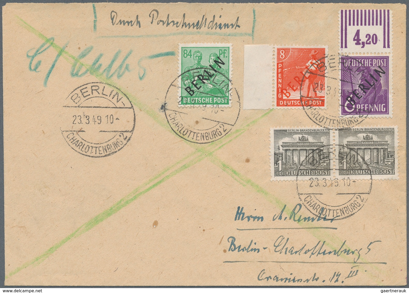 Berlin - Postschnelldienst: 6 U. 84 Pf. Schwarz Mit 8 Pf. Rotaufdruck Sowie Paar 1 Pf Bauten Zusamme - Briefe U. Dokumente