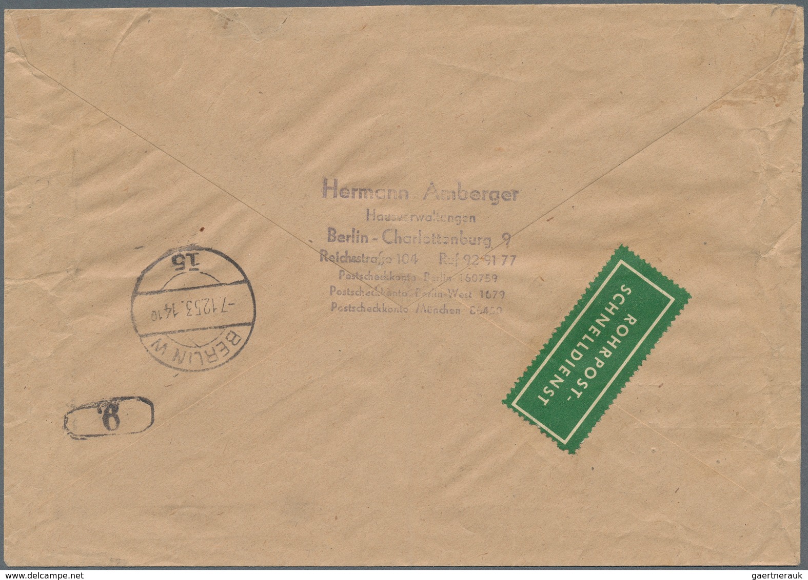 Berlin - Postschnelldienst: Blockstück Aus Bauten ZD-Bogen 1952 Auf Postschnelldienstbf.2. Gewichtss - Briefe U. Dokumente