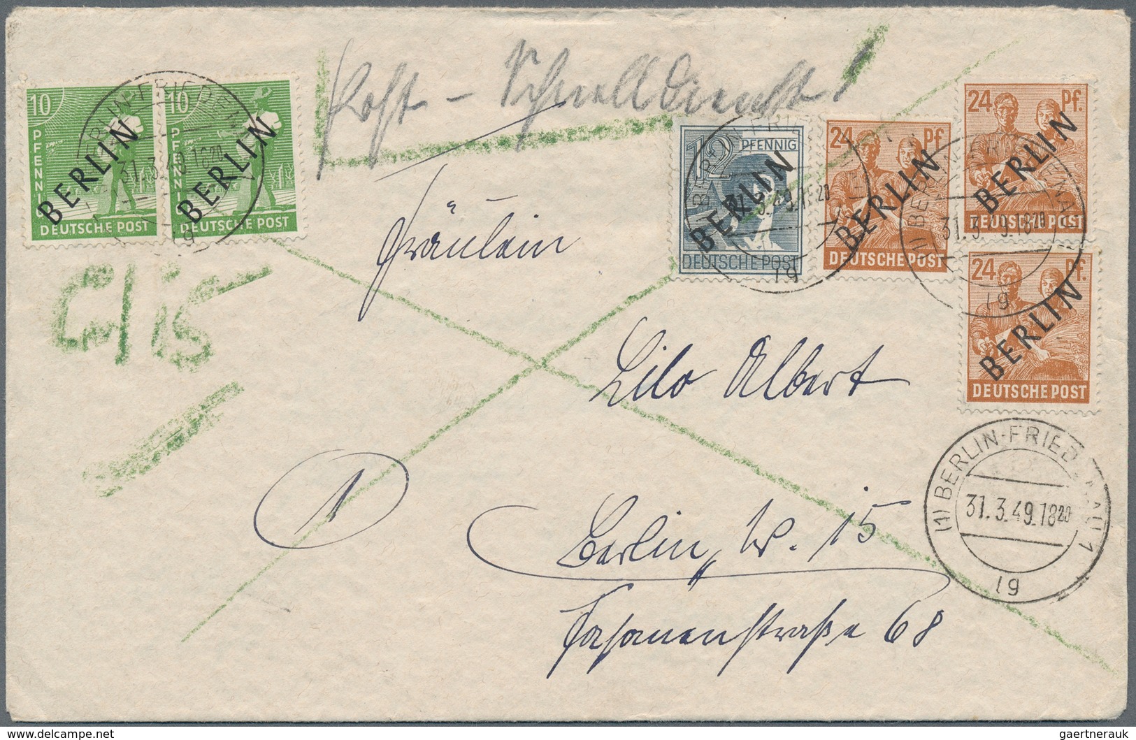 Berlin - Postschnelldienst: 10(2), 12 U. 3 Mal 24 Pf. Schwarzaufdruck Zusammen Auf Postschnelldienst - Covers & Documents