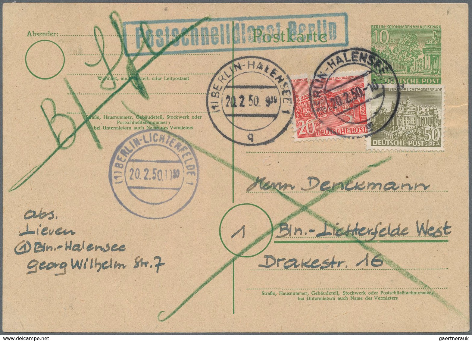 Berlin - Postschnelldienst: 10 Pf. Bauten GA-Karte Mit Zusatzfrankatur 20 U. 50 Pf. Bauten Als Posts - Covers & Documents