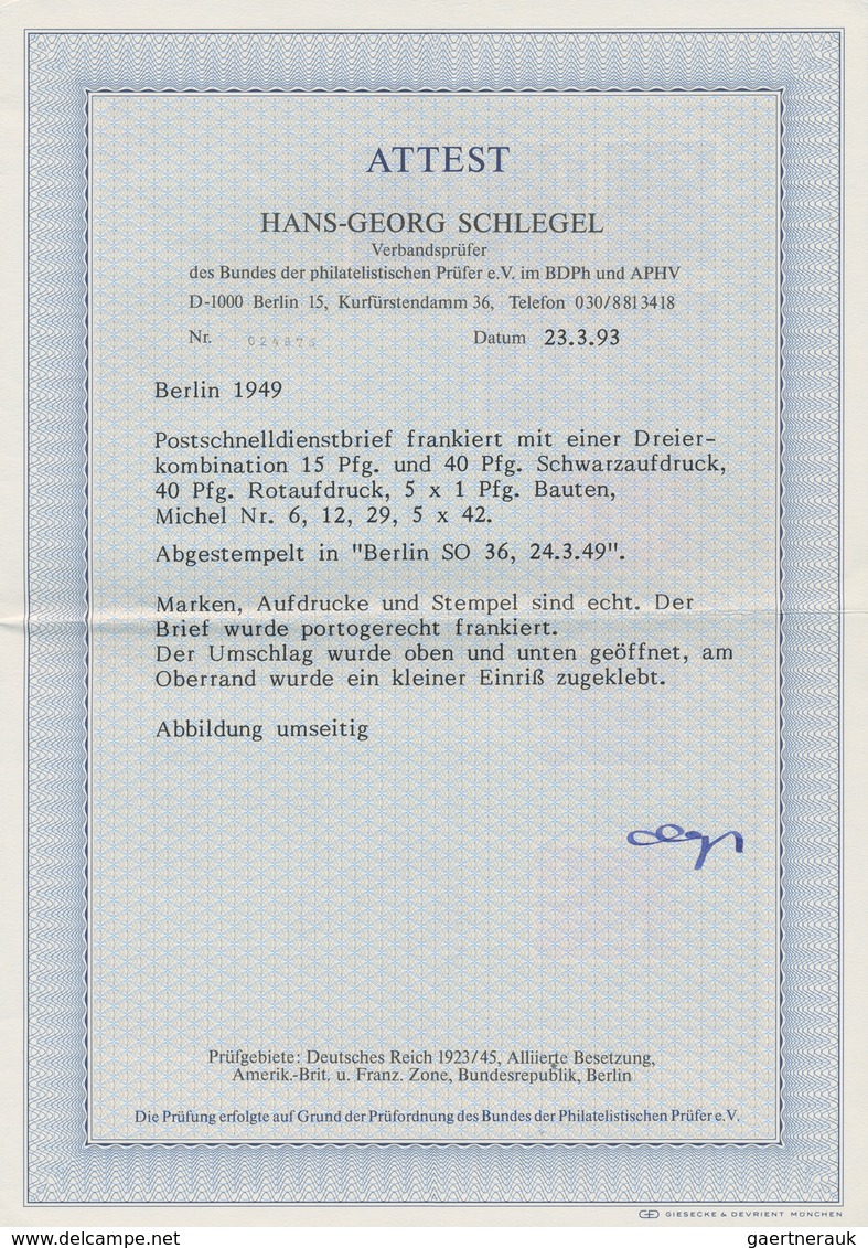 Berlin - Postschnelldienst: 15 U. 40 Pf. Schwarz Mit 40 Pf. Rotaufdruck Sowie 5er Block 1 Pf Bauten - Briefe U. Dokumente