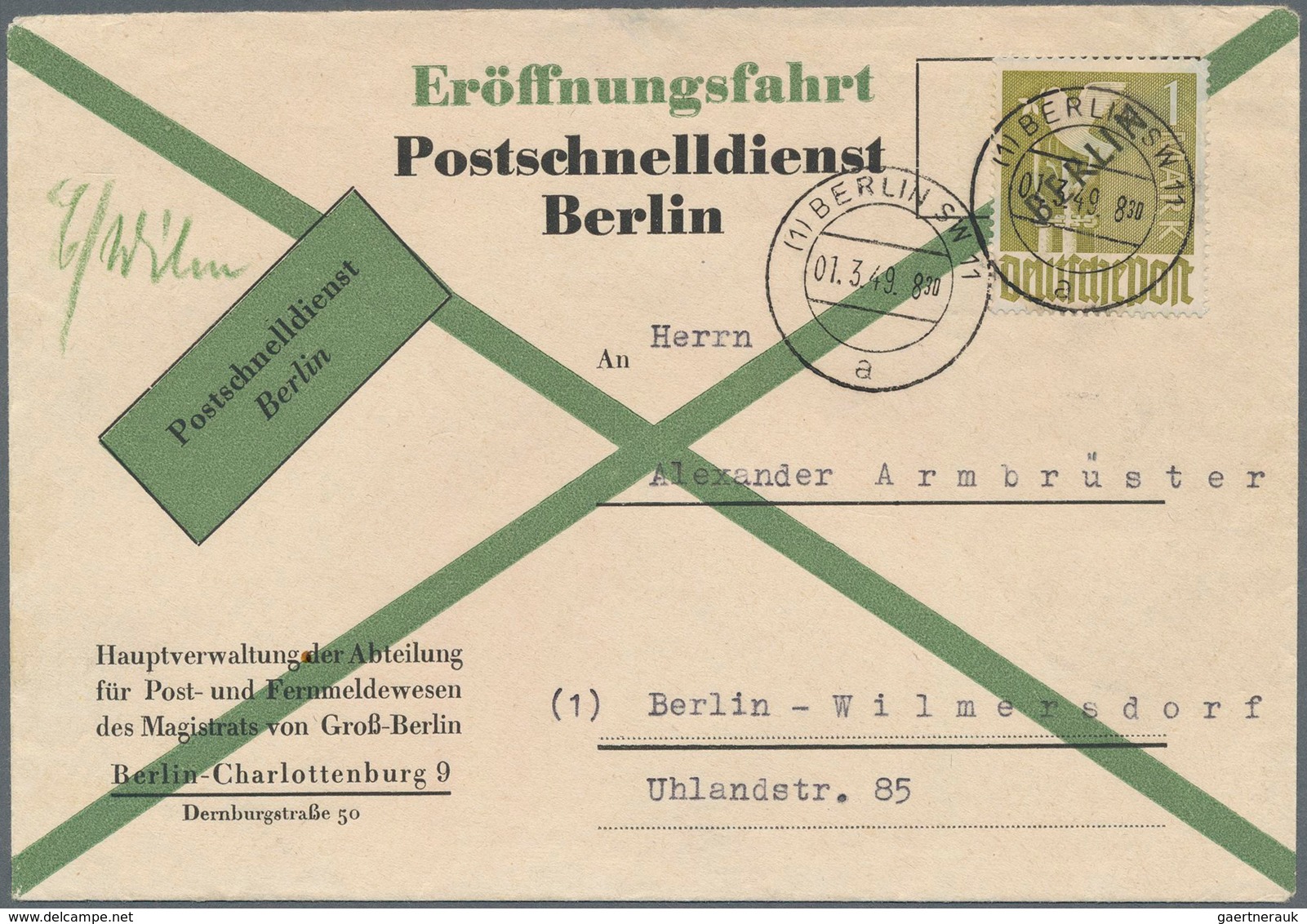 Berlin - Postschnelldienst: 1 Mk Schwarzaufdruck Als EF Auf Laufzeit-Kontroll FDC Der Linie C Ab Ber - Briefe U. Dokumente