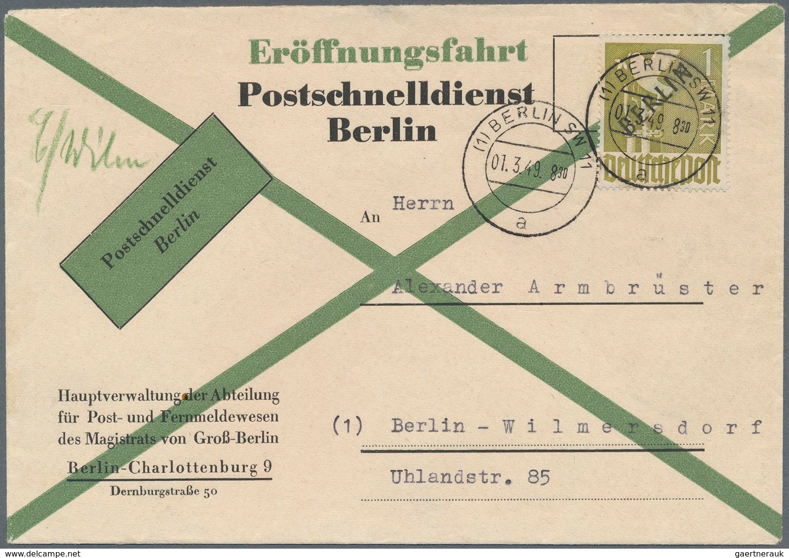 Berlin - Postschnelldienst: 1 Mk Schwarzaufdruck Als EF Auf Laufzeit-Kontroll FDC Der Linie C Ab Ber - Covers & Documents