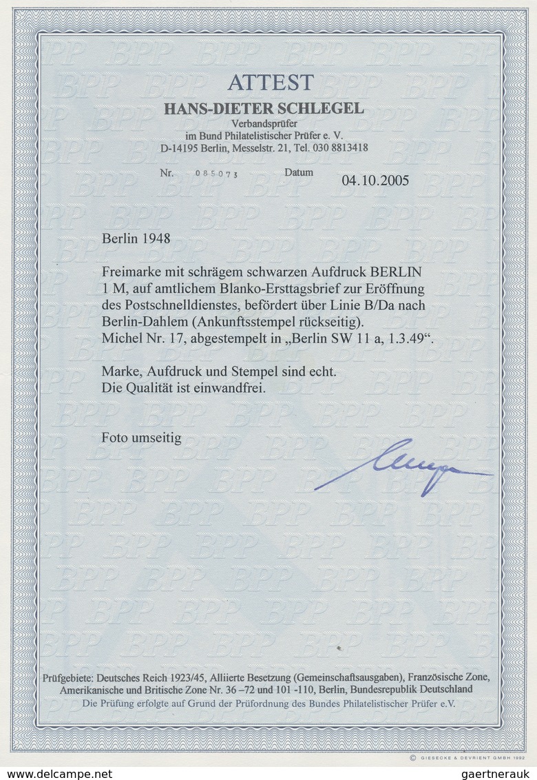 Berlin - Postschnelldienst: 1 Mk Schwarzaufdruck Auf Laufzeit-Kontroll FDC (mit Einlagezettel) Der L - Lettres & Documents