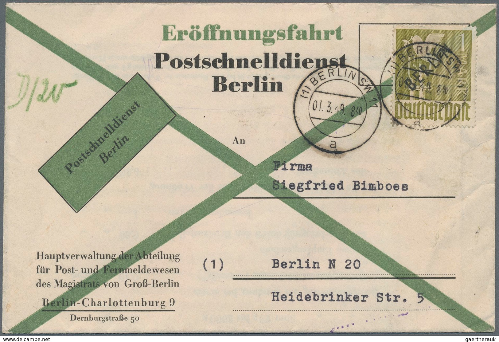 Berlin - Postschnelldienst: 1 Mk Schwarzaufdruck Als EF Auf Postschnelldienstbf. Zur Eröffnungsfahrt - Covers & Documents