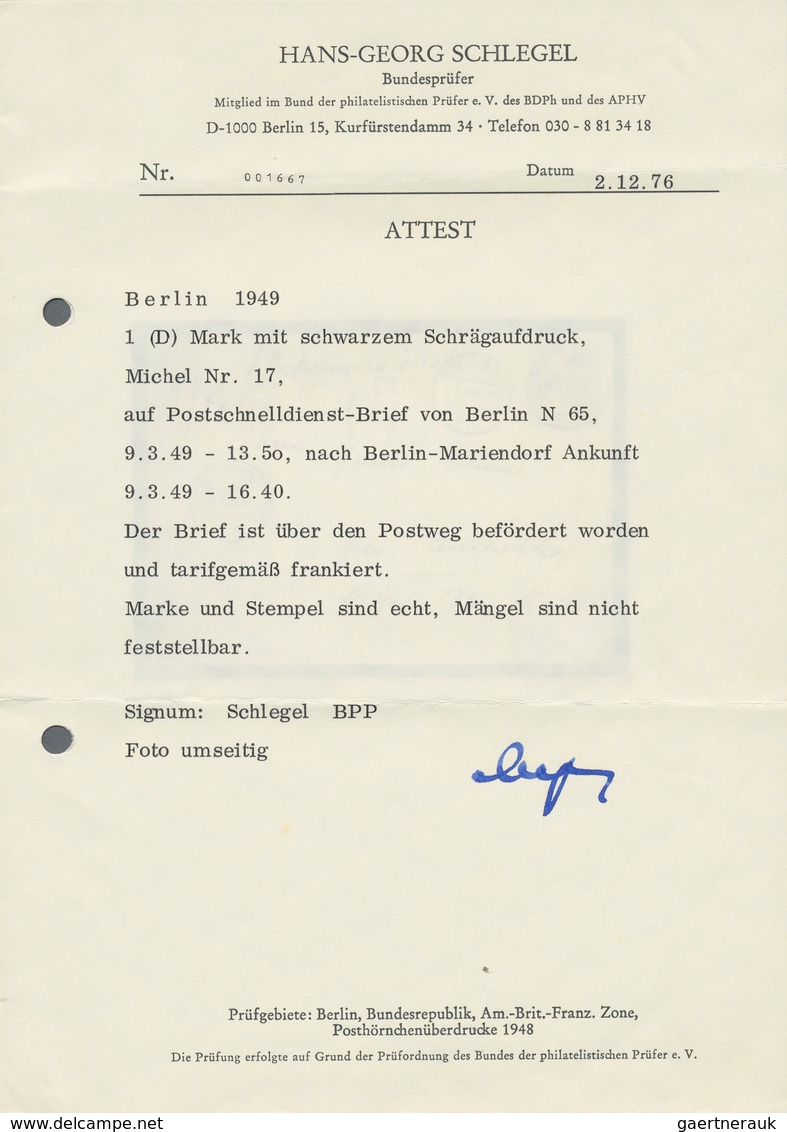 Berlin - Postschnelldienst: 1 Mk Schwarzaufdruck Als EF Auf Postschnelldienstbf. Ab Berlin N65 Vom 9 - Lettres & Documents