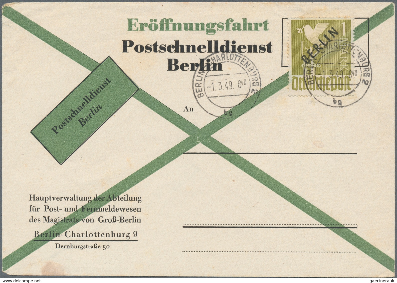 Berlin - Postschnelldienst: 1 Mk Schwarzaufdruck Auf Laufzeit-Kontroll FDC Der Linie C Von Charlotte - Lettres & Documents