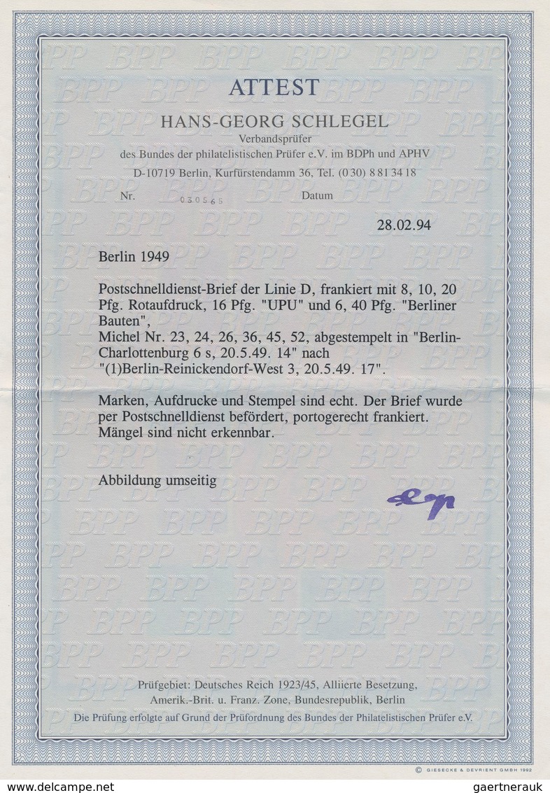 Berlin - Postschnelldienst: 8, 10 U. 20 Pf. Rotaufdruck Mit 16 Pf. Stephan Sowie 6 U. 40 Pf. Bauten - Lettres & Documents