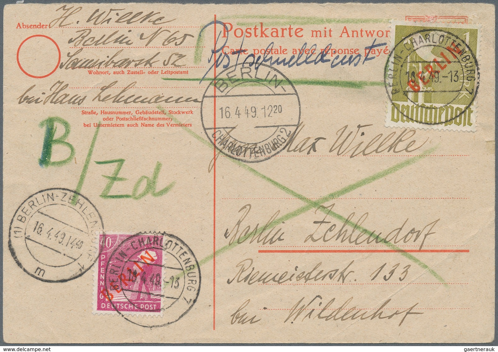 Berlin - Postschnelldienst: 40 Pf. U. 1 DM Rotaufdruck Zusammen Auf Postschnelldienstkarte Von Berli - Lettres & Documents