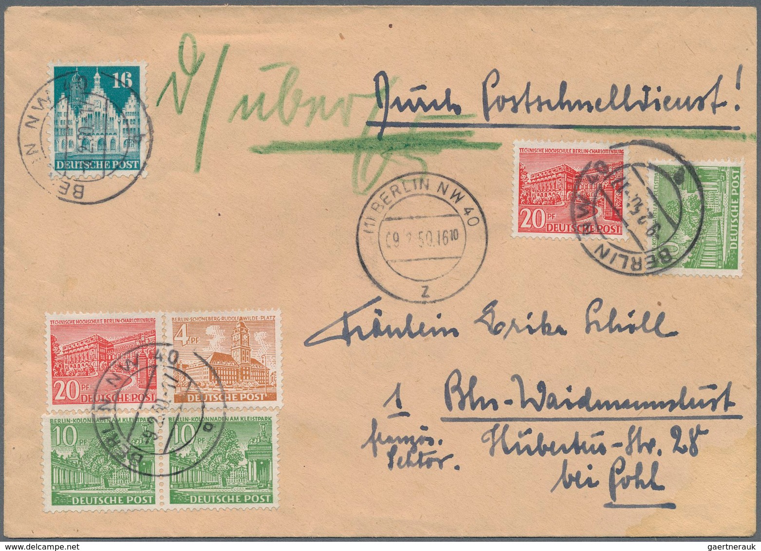 Berlin - Postschnelldienst: 4, 10(3) U. 2 Mal 20 Pf. Bauten Mit Bizone 16 Pf. Bauten Auf  Postschnel - Lettres & Documents