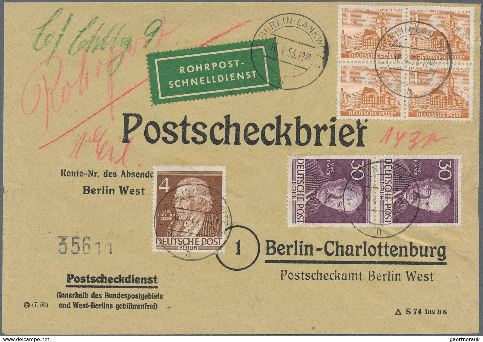 Berlin - Postschnelldienst: 4er-Block 4 Pf. Bauten Mit 4 U. Paar 30 Pf. Männer I Auf Postscheckbf.! - Lettres & Documents