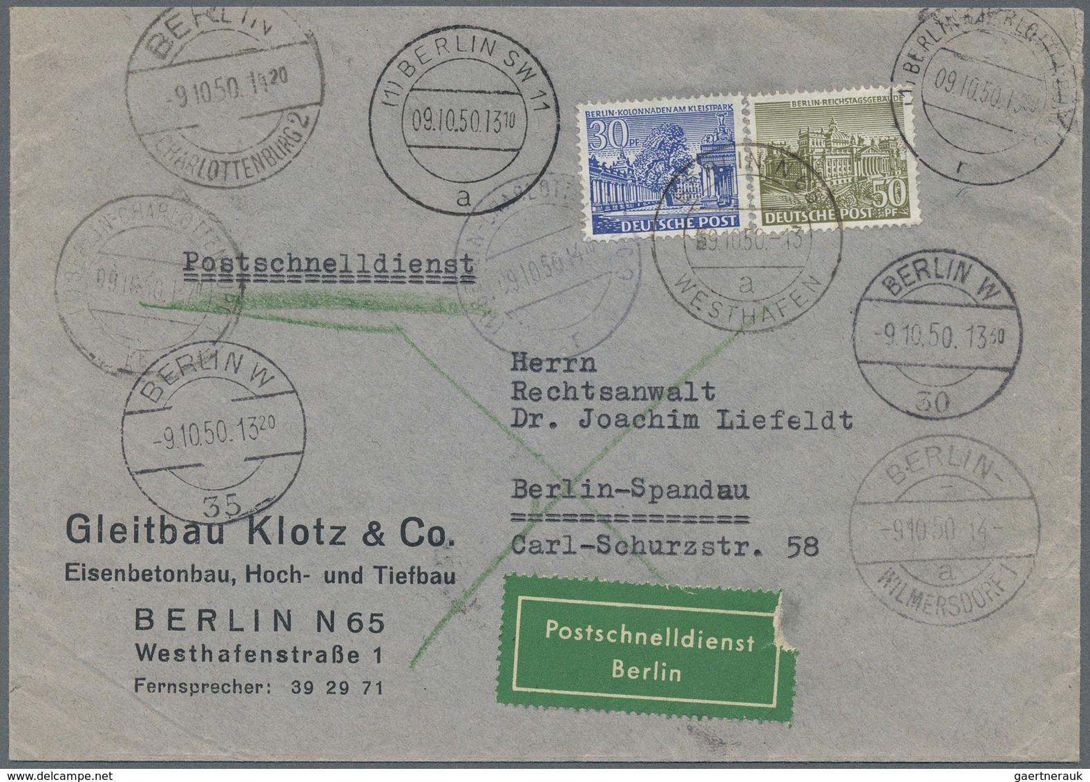 Berlin - Postschnelldienst: 30 U. 50 Pf. Bauten Zusammen Auf Postschnelldienstbf. Von Berlin N 65 We - Lettres & Documents