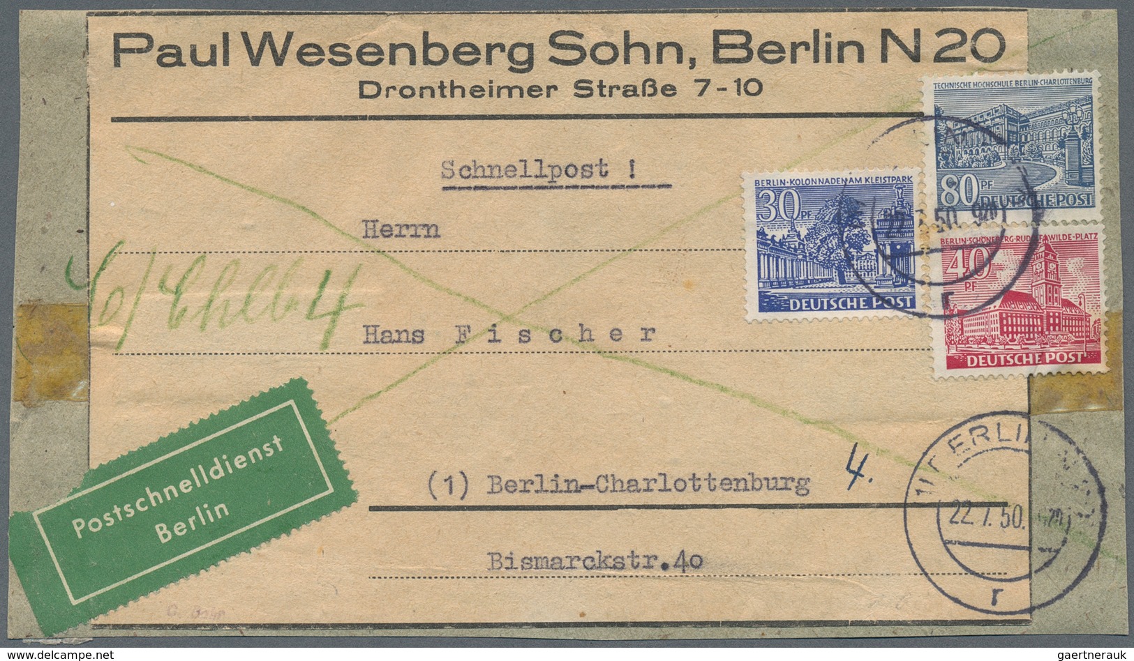 Berlin - Postschnelldienst: 30, 40 U. 80 Pf. Bauten Zusammen Auf Kpl. Adressträgerteil Einer Postsch - Lettres & Documents