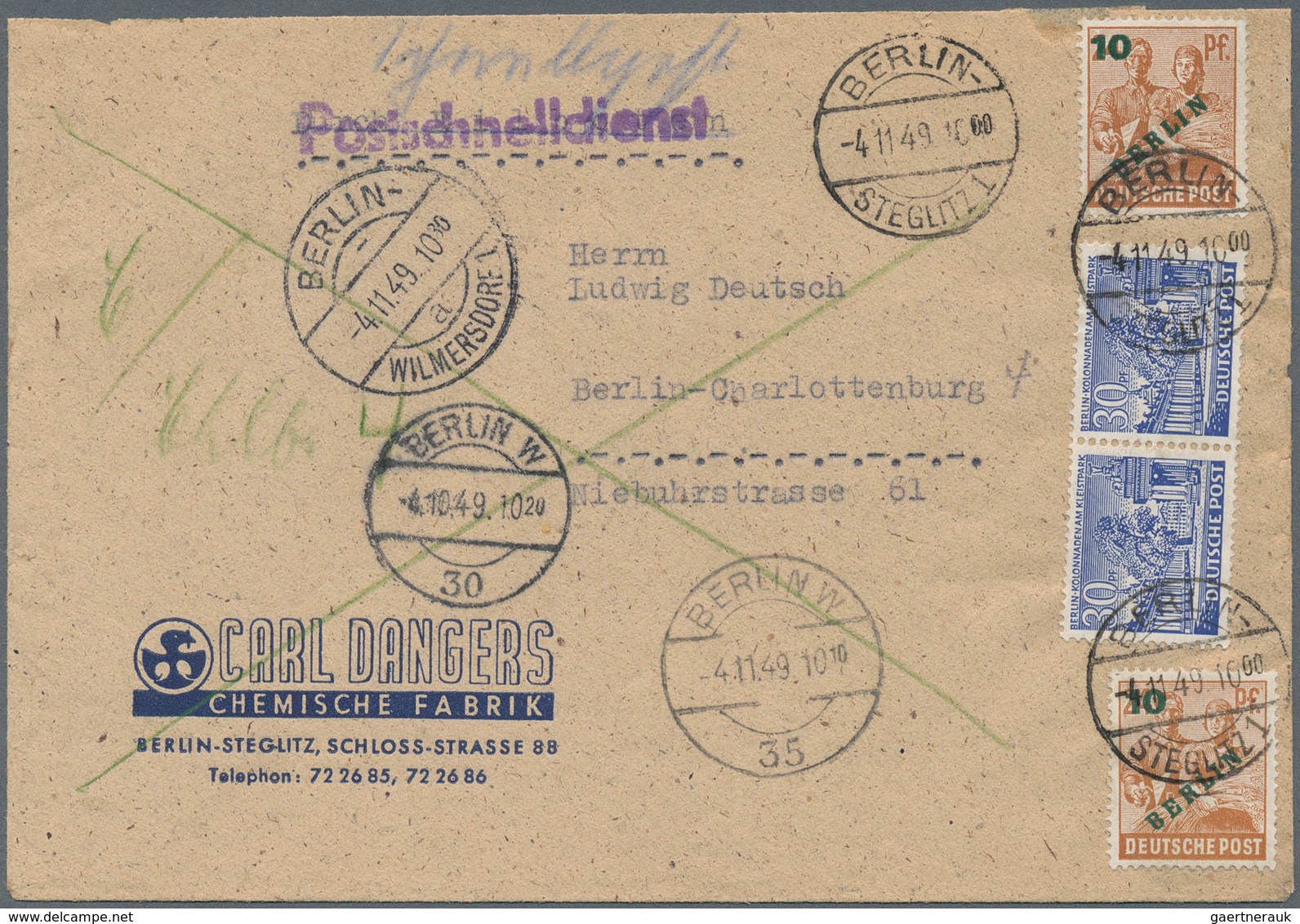 Berlin - Postschnelldienst: 30 Pf. Bauten Im Paar U. 2 Mal 10 Grünaufdruck Zusammen Auf Postschnelld - Lettres & Documents