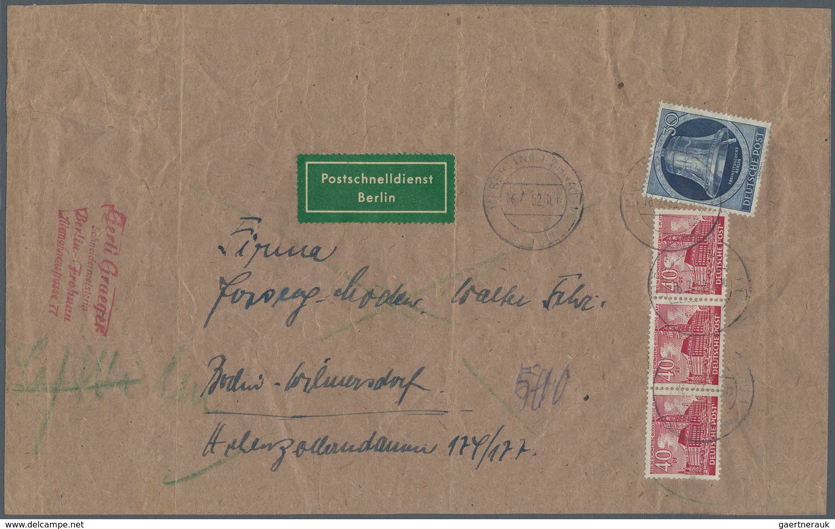 Berlin - Postschnelldienst: 40 Pf. Bauten Im Waager. 3er Streifen Sowie 30 Pf. Glocke Rechts Zusamme - Lettres & Documents