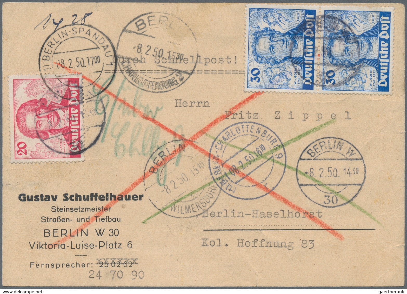 Berlin - Postschnelldienst: 20 U. Paar 30 Pf. Goethe Zusammen Auf Postschnelldienstkarte Von Berlin - Briefe U. Dokumente