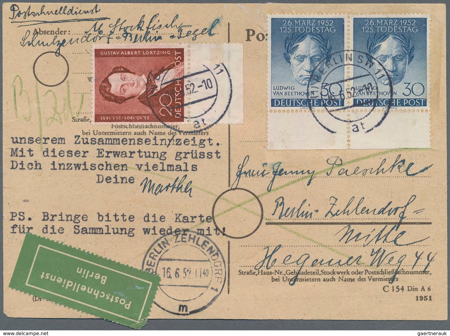 Berlin - Postschnelldienst: Lortzing U. Paar Beethoven Zusammen Auf Postschnelldienstkarte Von Berli - Briefe U. Dokumente