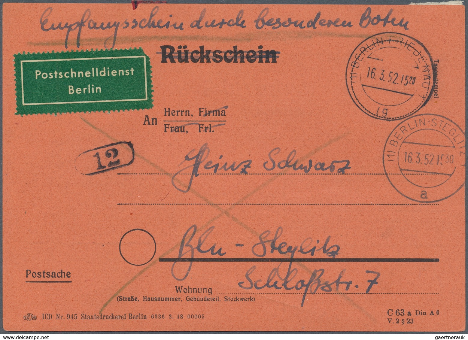 Berlin - Postschnelldienst: 5 Pf. Glocke Rechts U. Bund Angegebene Posthornwerte (vom Bogenrand) Zus - Lettres & Documents