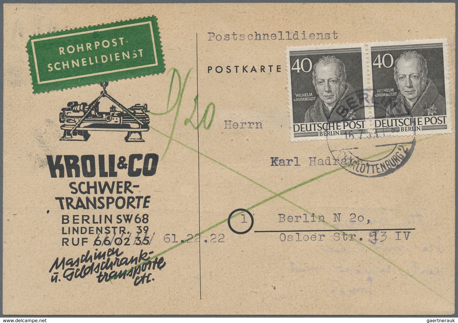 Berlin - Postschnelldienst: 40 Pf. Männer I Im Paar Als MeF Auf Postschnelldienskarte Von Berlin-Cha - Briefe U. Dokumente