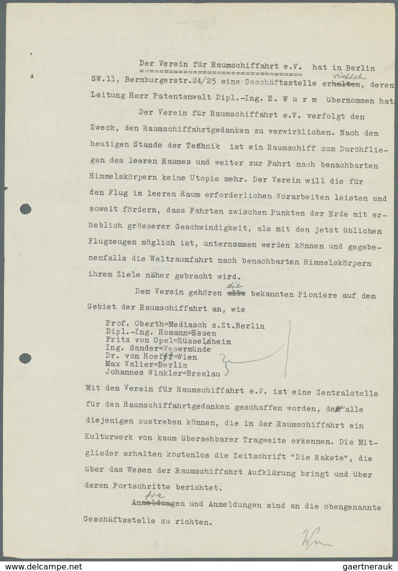 Berlin - Besonderheiten: 1929, BERLIN/VEREIN FÜR RAUMSCHIFFAHRT: Allererste Bekanntgabe Der Angestre - Sonstige & Ohne Zuordnung