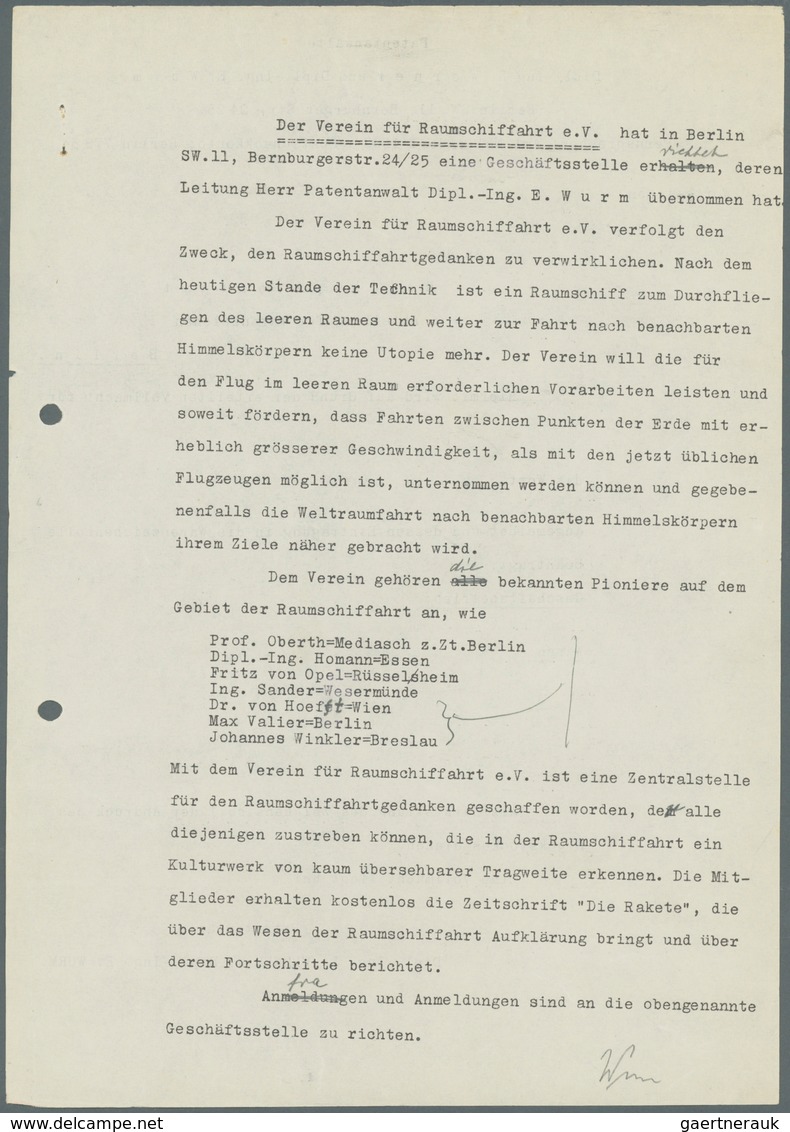 Berlin - Besonderheiten: 1929, BERLIN/VEREIN FÜR RAUMSCHIFFAHRT: Allererste Bekanntgabe Der Angestre - Other & Unclassified