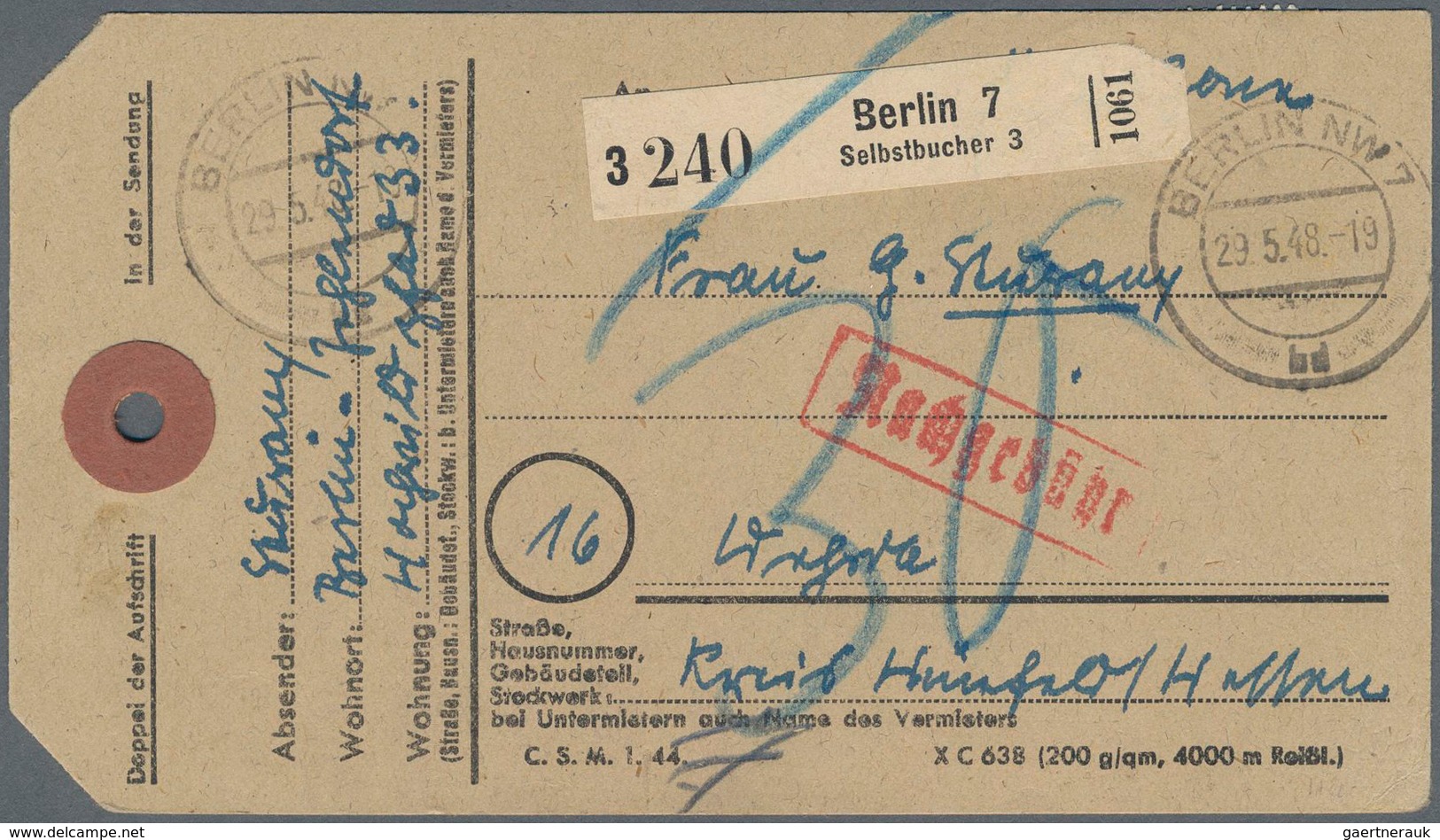 Berlin - Besonderheiten: 20 U. Senkr. 3er Streifen 60 Pf. Arbeiter Zusammen Rücks. Auf Paketanhänger - Sonstige & Ohne Zuordnung