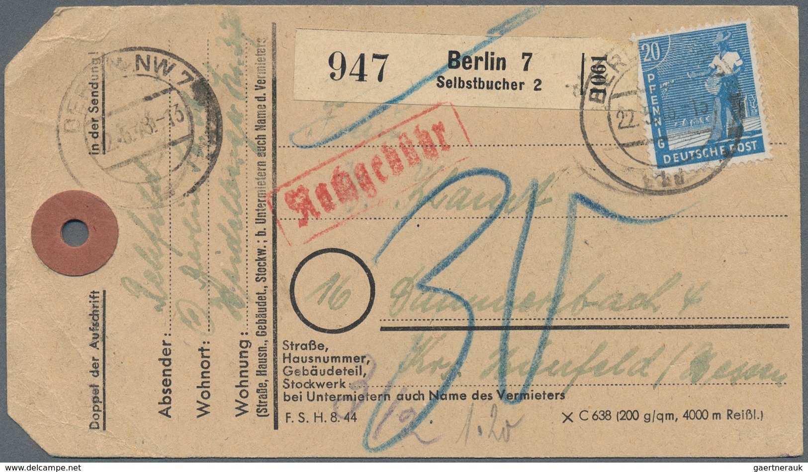 Berlin - Besonderheiten: 20 Pf. Arbeiter U. 1 Mk Taube (vorder U. Rücks. Frankiert) Auf Paketanhänge - Autres & Non Classés
