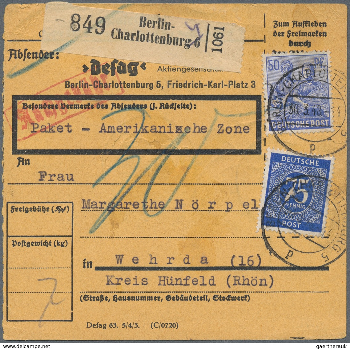Berlin - Besonderheiten: 2 Mal 75 Pf. Ziffer U. 50 Pf. Arbeiter (vorder U. Rücks. Frankiert) Zusamme - Sonstige & Ohne Zuordnung