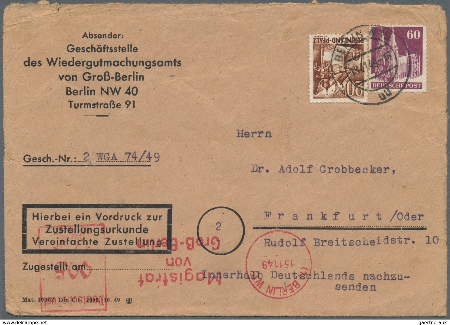 Berlin - Besonderheiten: 1949: Vordruckumschlag Geschäftsstelle Des Wiedergutmachungsamts Von Groß-B - Sonstige & Ohne Zuordnung
