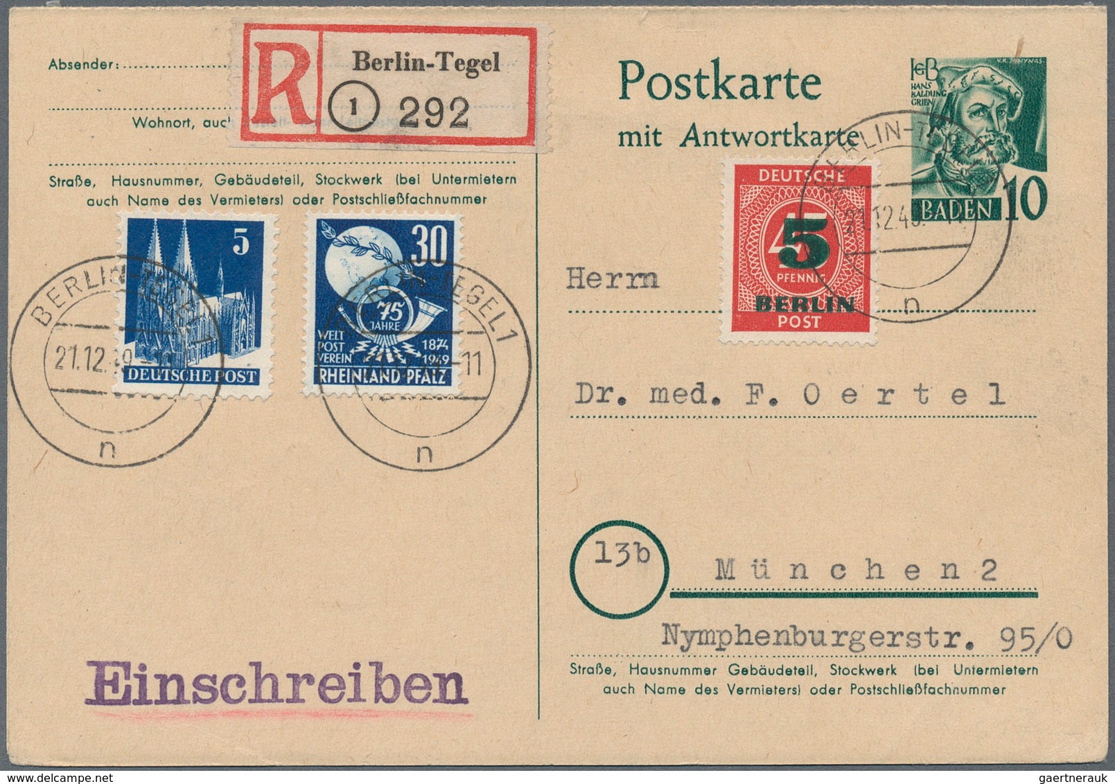 Berlin - Besonderheiten: Fr. Zone Baden 10 Pf. Doppelkarte Mit Zusatzfrankatur Als R-Karte Ab Berlin - Other & Unclassified