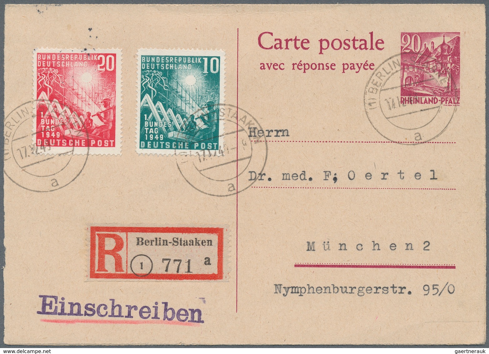 Berlin - Besonderheiten: Fr. Zone Rheinland Pfalz 20 Pf. Doppelkarte Mit Zusatzfrankatur Bund 10 U. - Autres & Non Classés