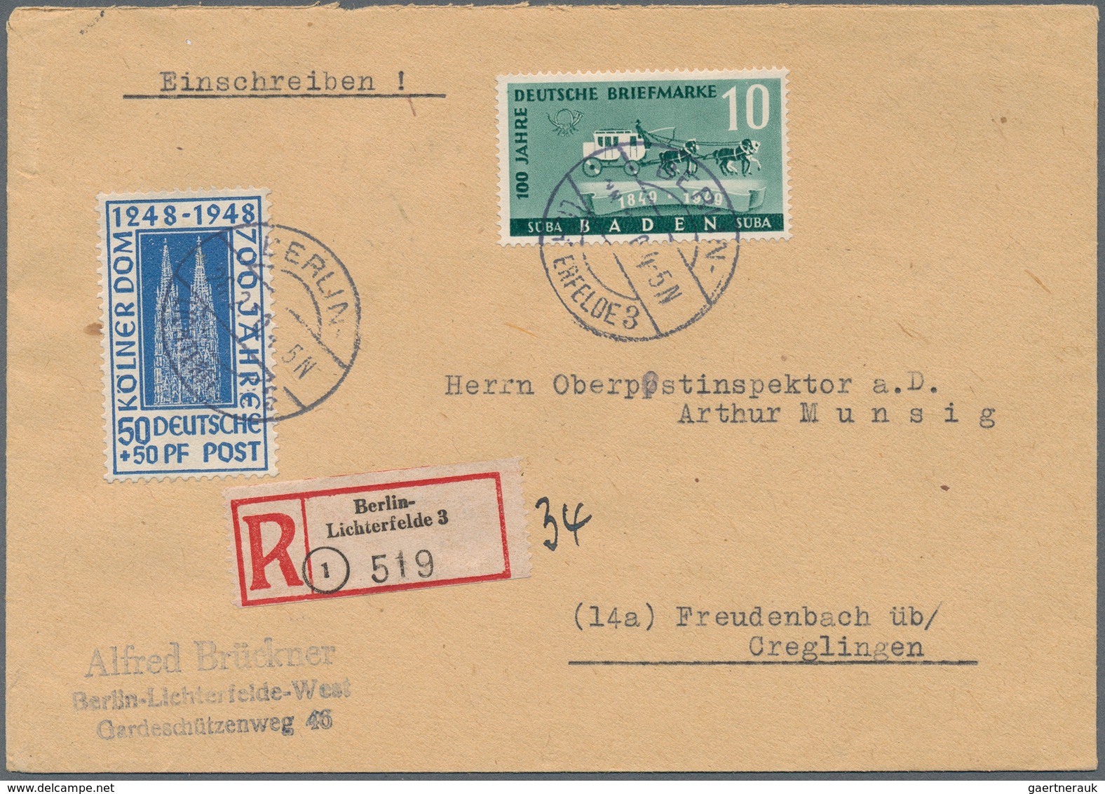 Berlin - Besonderheiten: Fr. Zone Baden 10 Pf. 100 Jahre Dt. Briefmarken Sowie Bizone 50 Pf. Kölner - Other & Unclassified