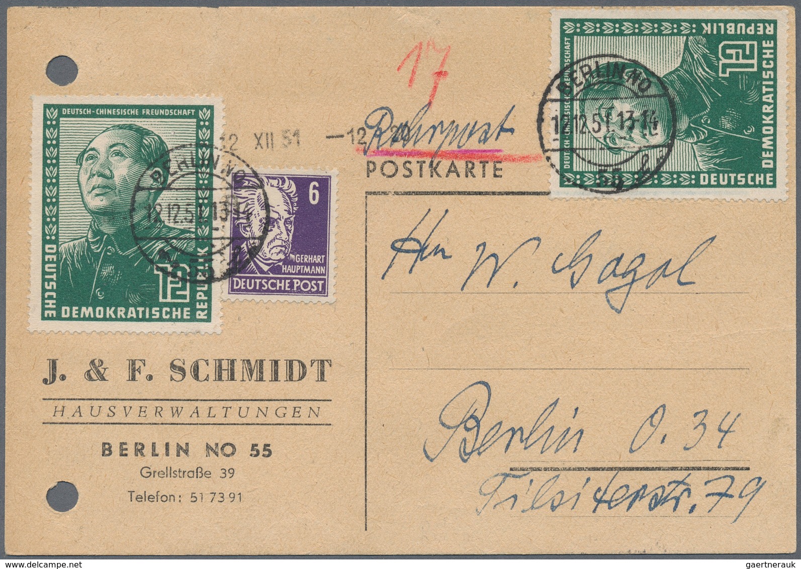 Berlin - Besonderheiten: 1951: Rohrpost-Ortskarte 30 Pf. ( 10 + 20 RP ) Mit 6 Pf. Köpfe, 2 X 12 Pf. - Sonstige & Ohne Zuordnung