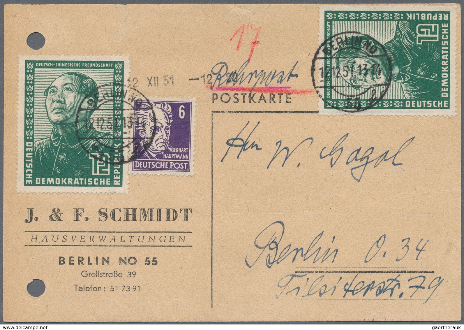 Berlin - Besonderheiten: 1951: Rohrpost-Ortskarte 30 Pf. ( 10 + 20 RP ) Mit 6 Pf. Köpfe, 2 X 12 Pf. - Other & Unclassified